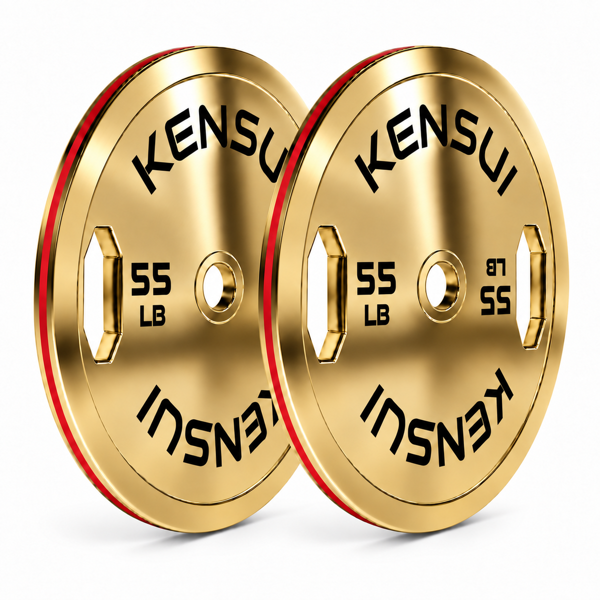 Pair of Kensui 55 LB calibrated grip plates with a polished warm gold finish, black weight markings and red rim stripe on white.