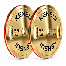 Load image into Gallery viewer, Pair of Kensui 55 LB calibrated grip plates with a polished warm gold finish, black weight markings and red rim stripe on white.