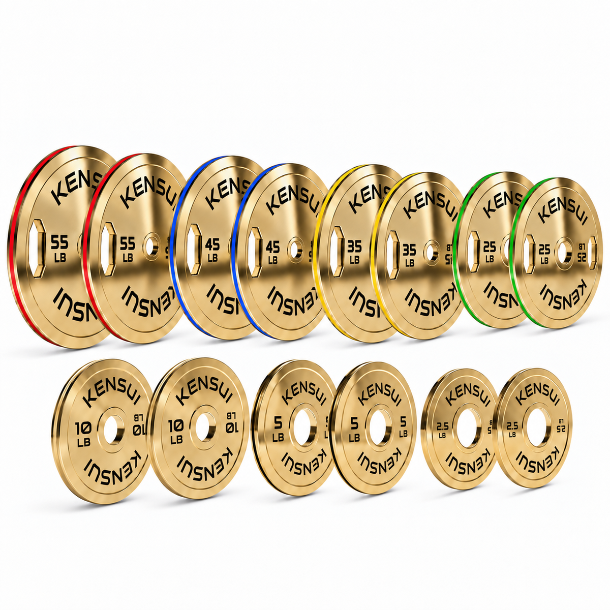 Kensui 14-plate full set with a polished warm gold finish: pairs of 55, 45, 35 and 25 LB grip plates, plus pairs of 10, 5 and 2.5 LB change plates on white.