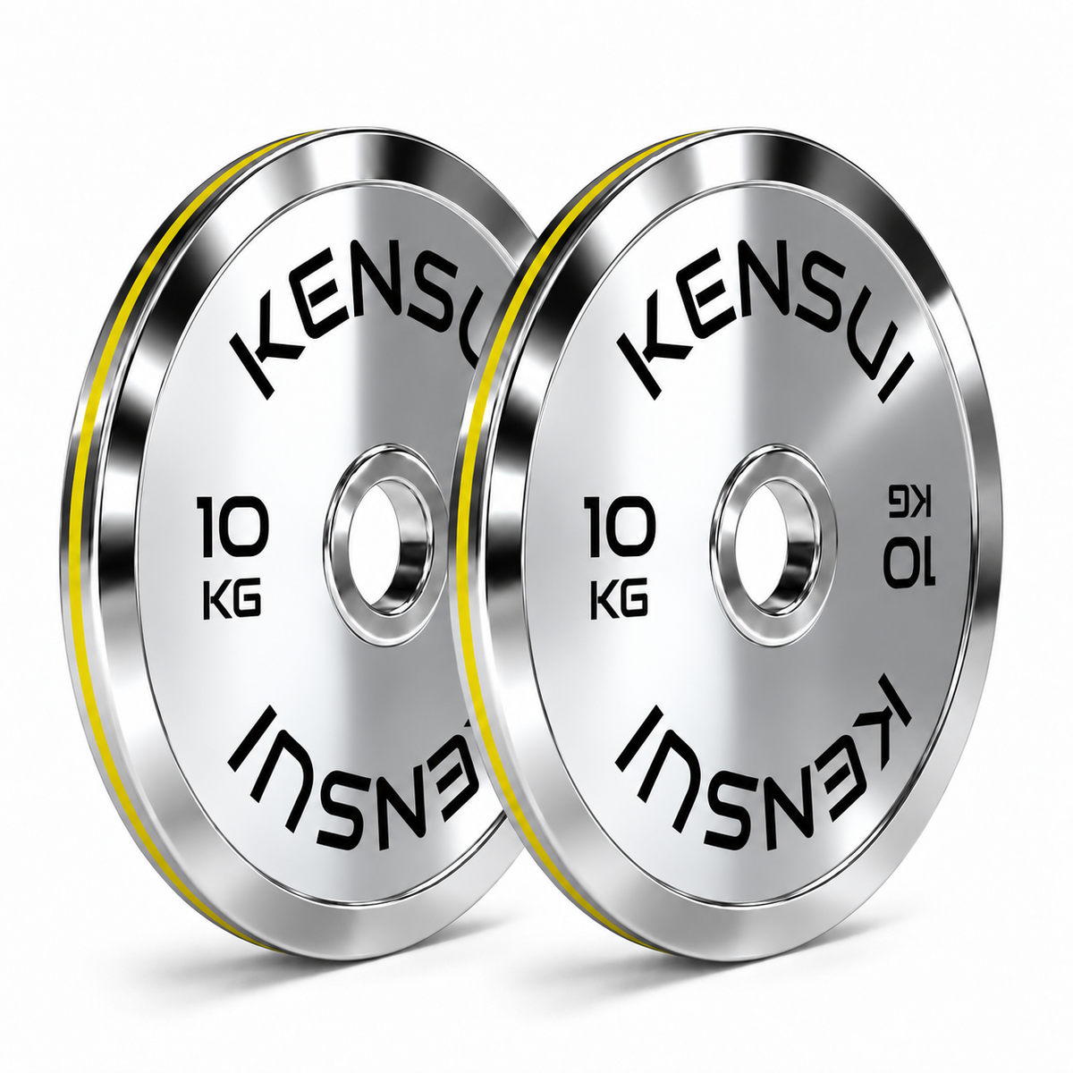 Kensui 10 kg calibrated chrome weight plates, pair with smooth mirror finish
