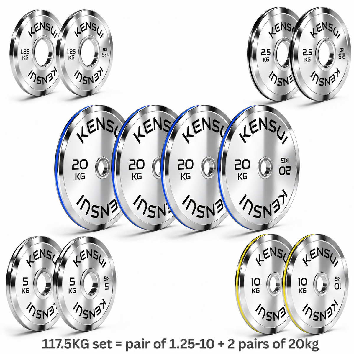 Kensui 117.5 kg calibrated chrome weight plates, set with smooth mirror finish