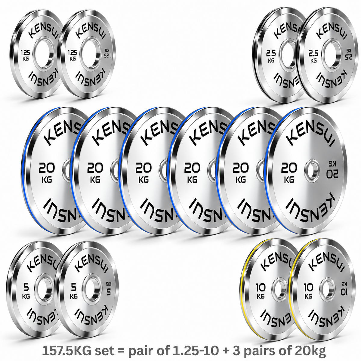 Kensui 157.5 kg calibrated chrome weight plates, set with smooth mirror finish