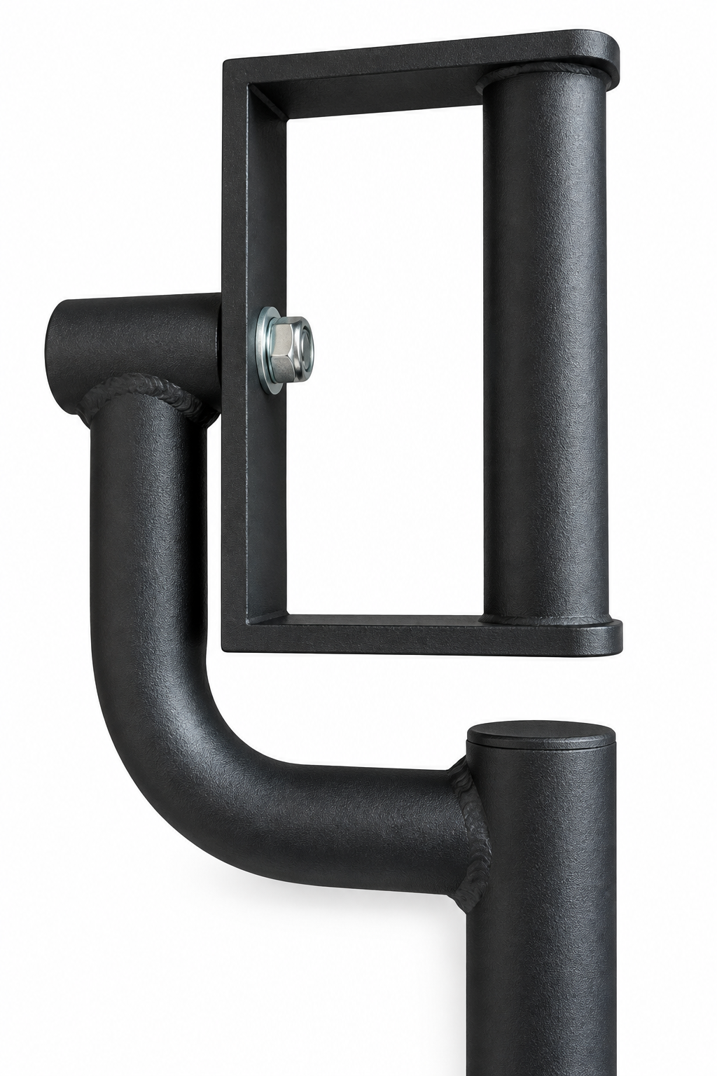 Close-up of the rectangular handle, silver pivot nut and curved support arm of the Kensui landmine attachment.