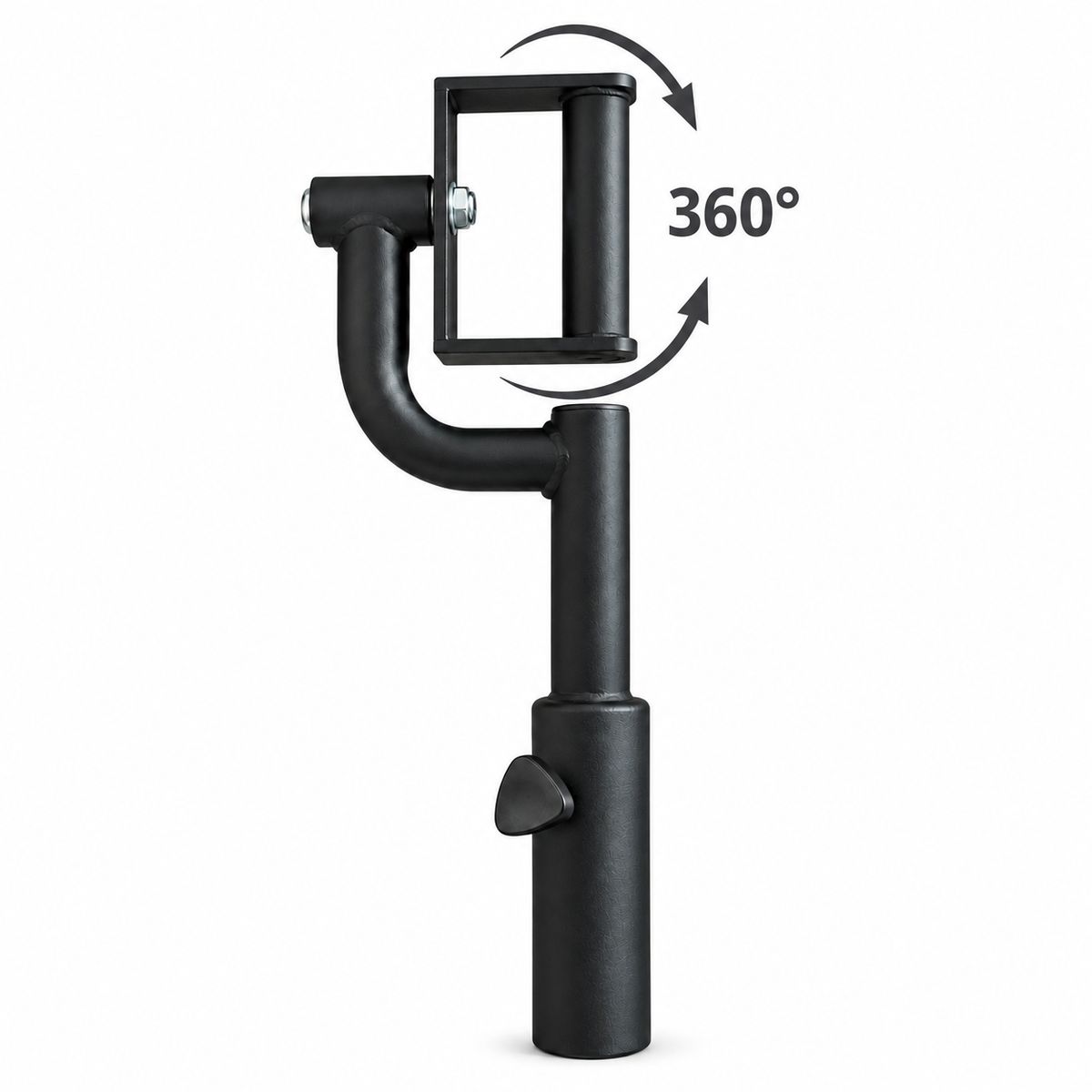 Landmine attachment with its grip aligned over the sleeve and circular arrows illustrating 360-degree handle rotation.