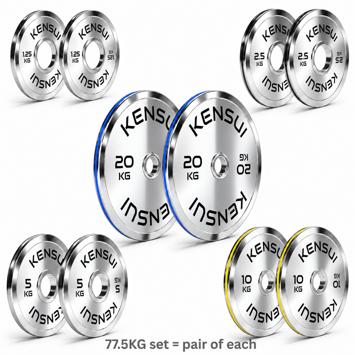 Kensui 77.5 kg calibrated chrome weight plates, set with smooth mirror finish