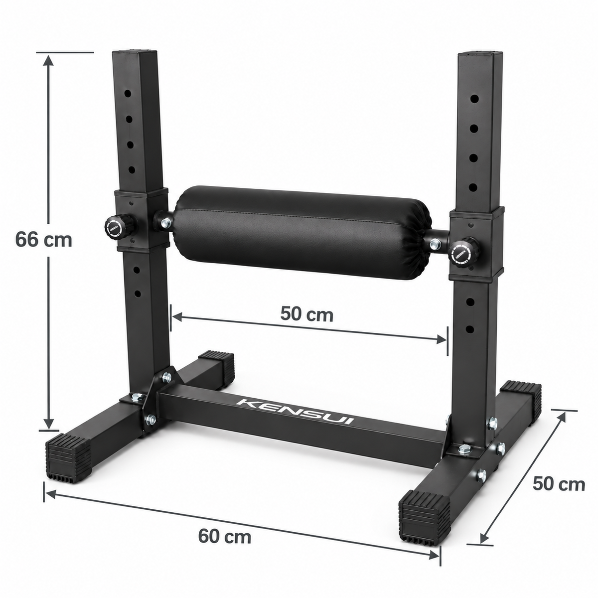 Kensui Adjustable Split Squat Stand dimensions: 66 cm height, 60 cm overall width, 50 cm depth, and 50 cm spacing between uprights.