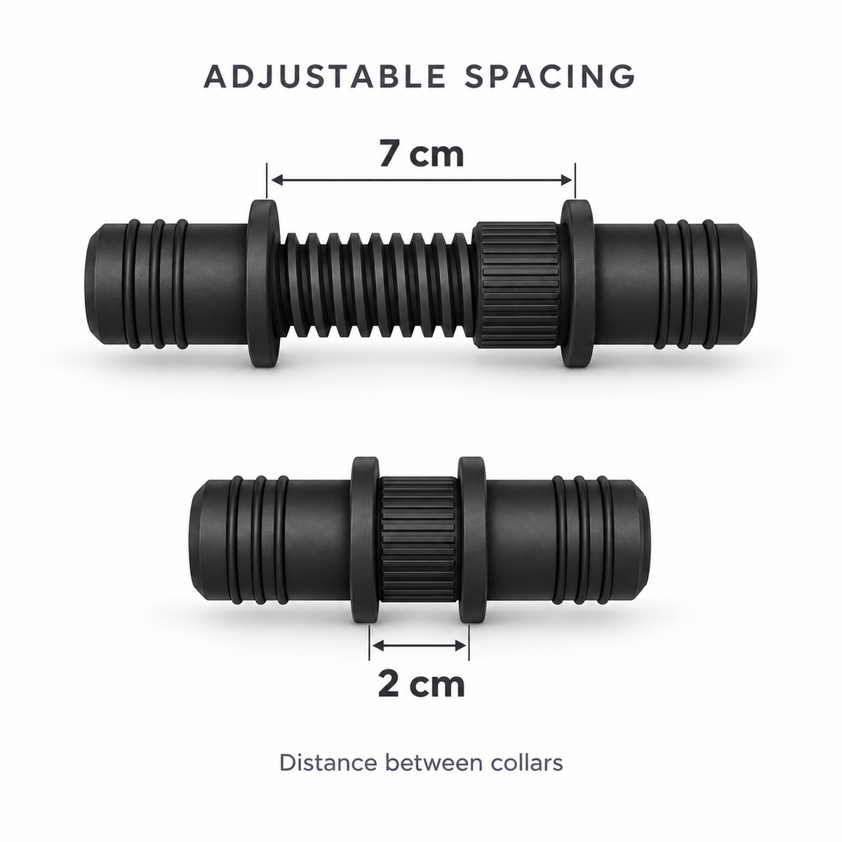 Updated EZ-BOOT MAX connector with three small O-rings on each end, shown with 7 cm and 2 cm spacing between collars.