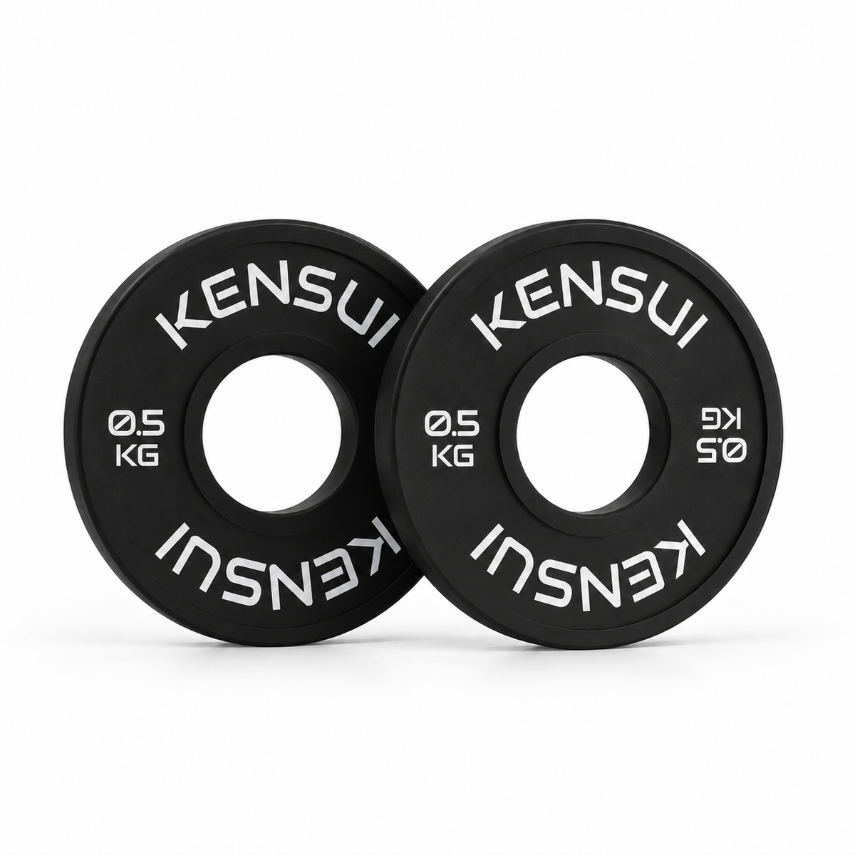 Pair of Kensui black 0.5 kg rubber change plates on a white background