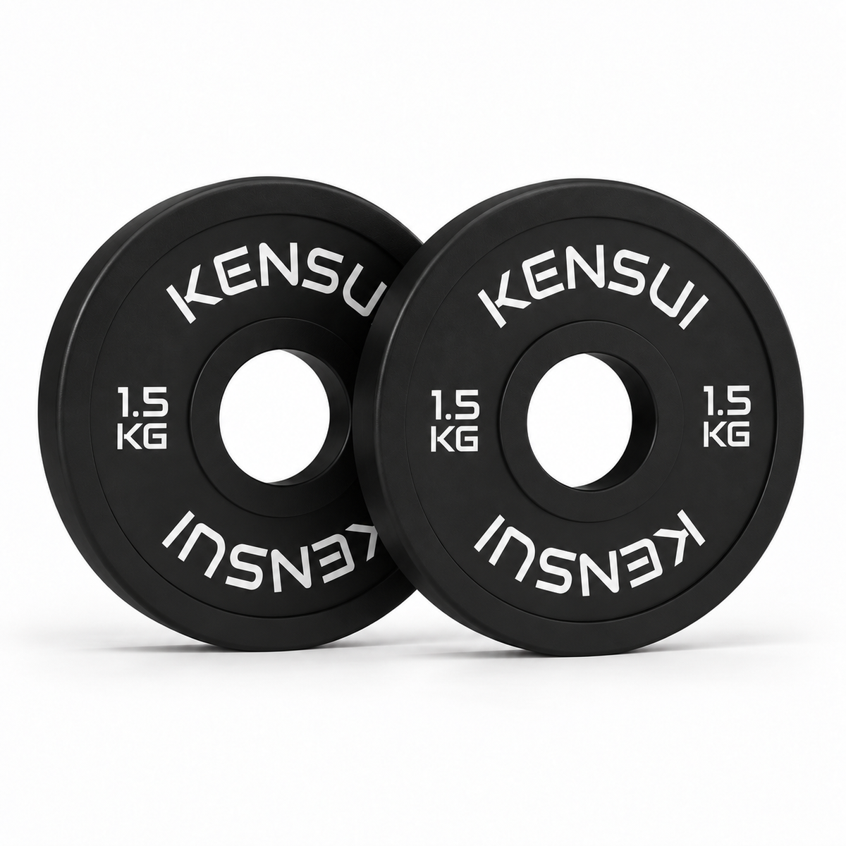 Pair of Kensui black 1.5 kg rubber change plates on a white background