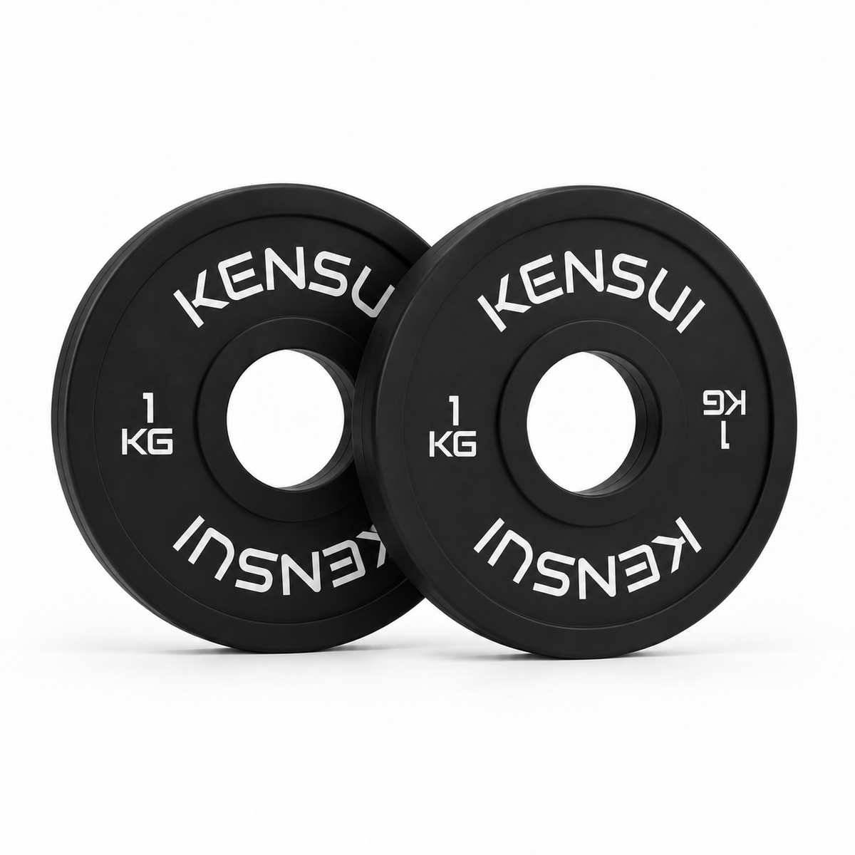 Pair of Kensui black 1 kg rubber change plates on a white background