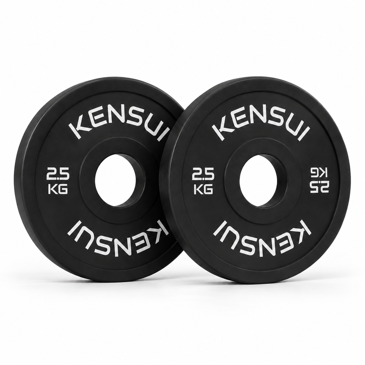 Pair of Kensui black 2.5 kg rubber change plates on a white background