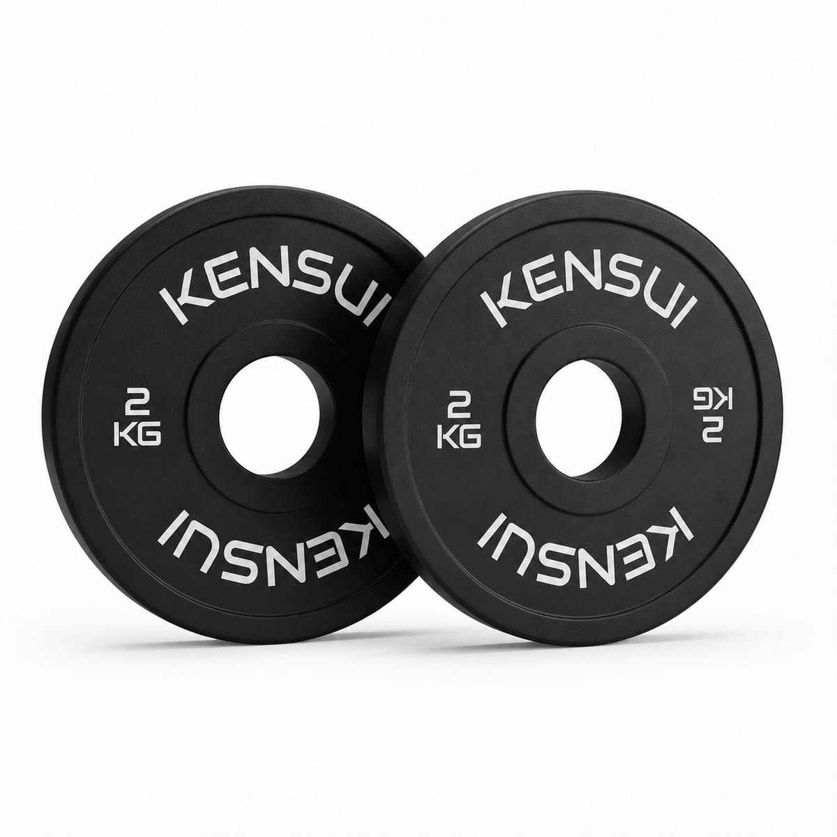 Pair of Kensui black 2 kg rubber change plates on a white background