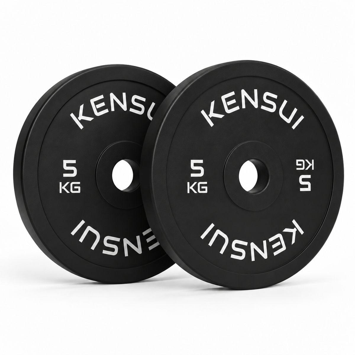Pair of Kensui black 5 kg rubber change plates on a white background