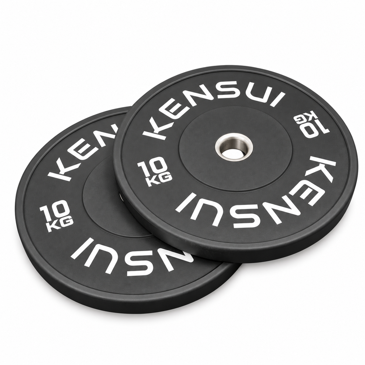 Pair of black KENSUI 10 kg bumper plates with white markings and steel center inserts