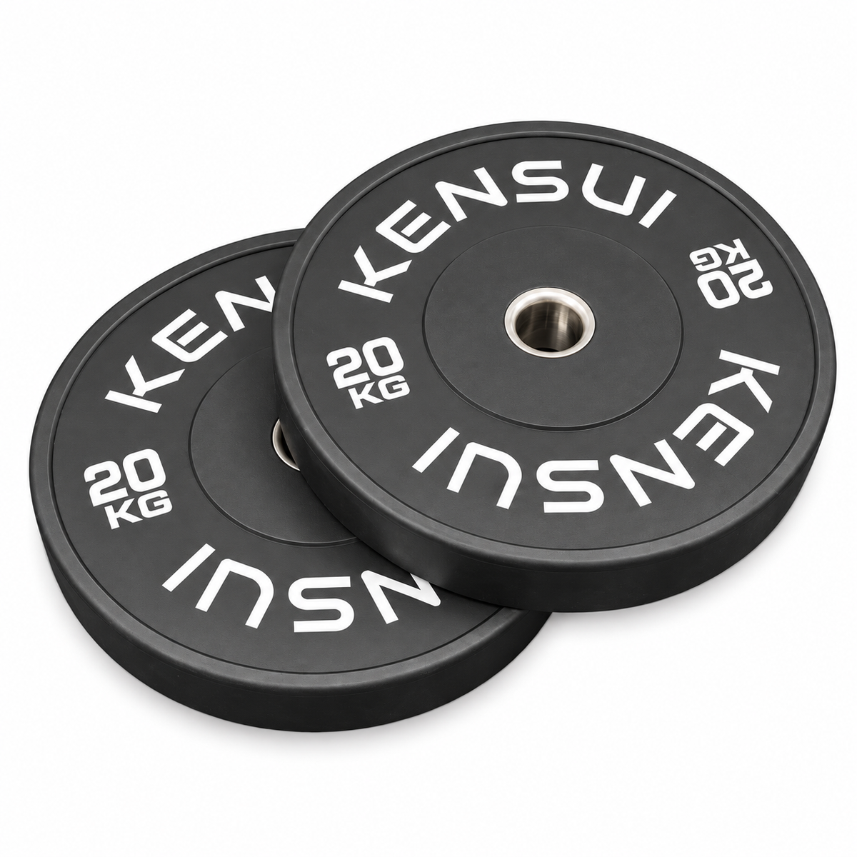 Pair of black KENSUI 20 kg bumper plates with white markings and steel center inserts