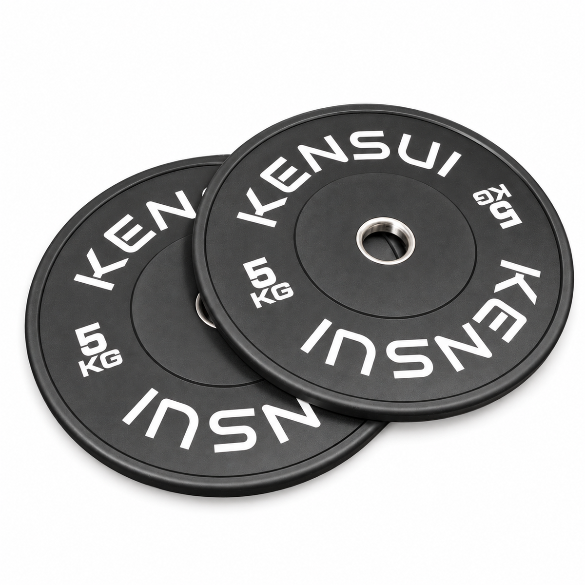 Pair of black KENSUI 5 kg bumper plates with white markings and steel center inserts