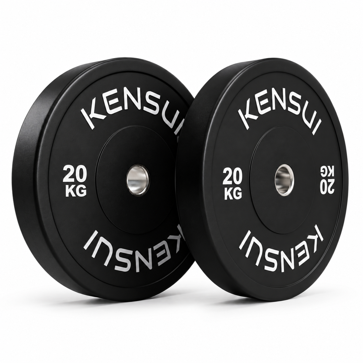Pair of black KENSUI 20 kg bumper plates on a white background
