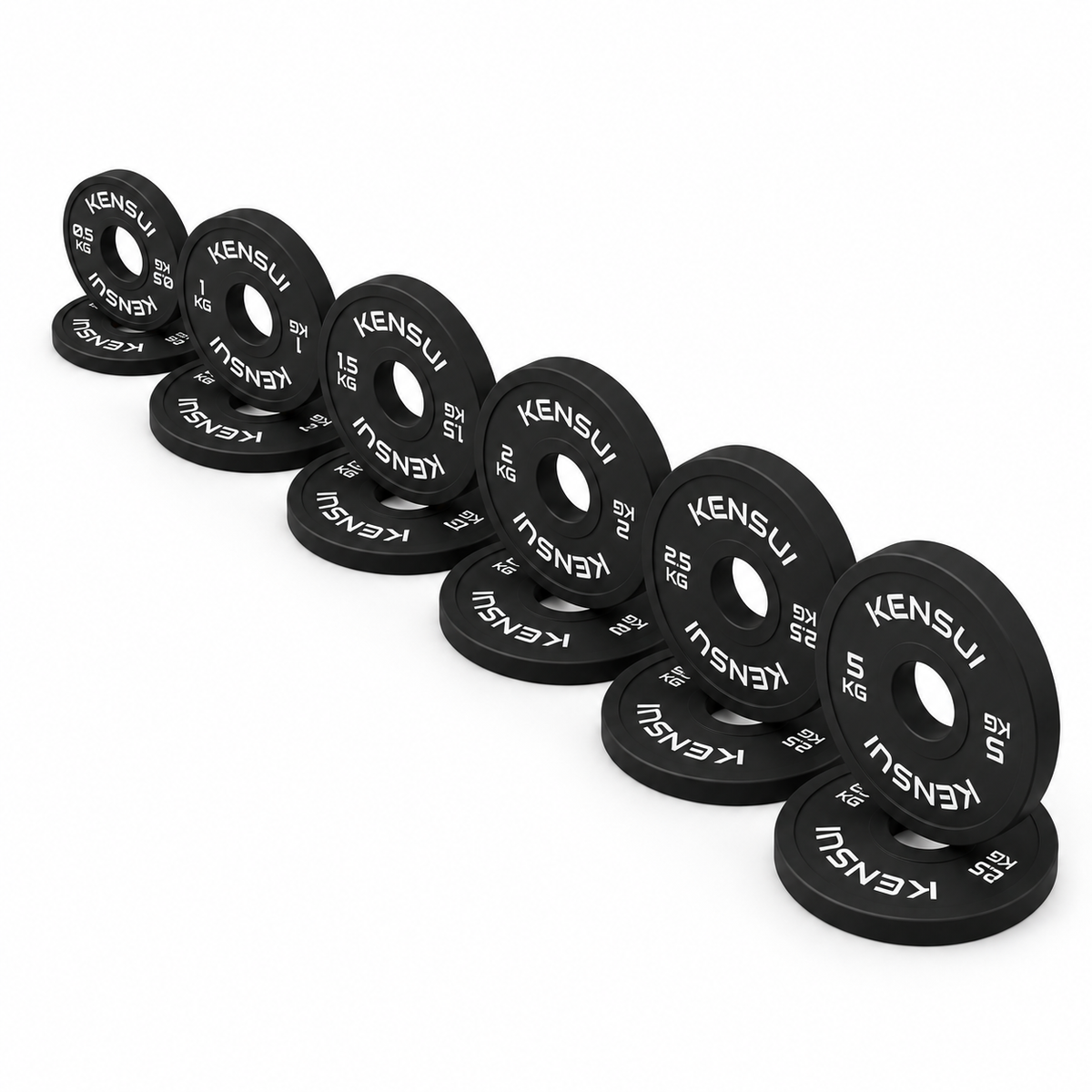 Kensui black change plate 25 kg set with pairs of 0.5, 1, 1.5, 2, 2.5 and 5 kg plates, twelve plates total
