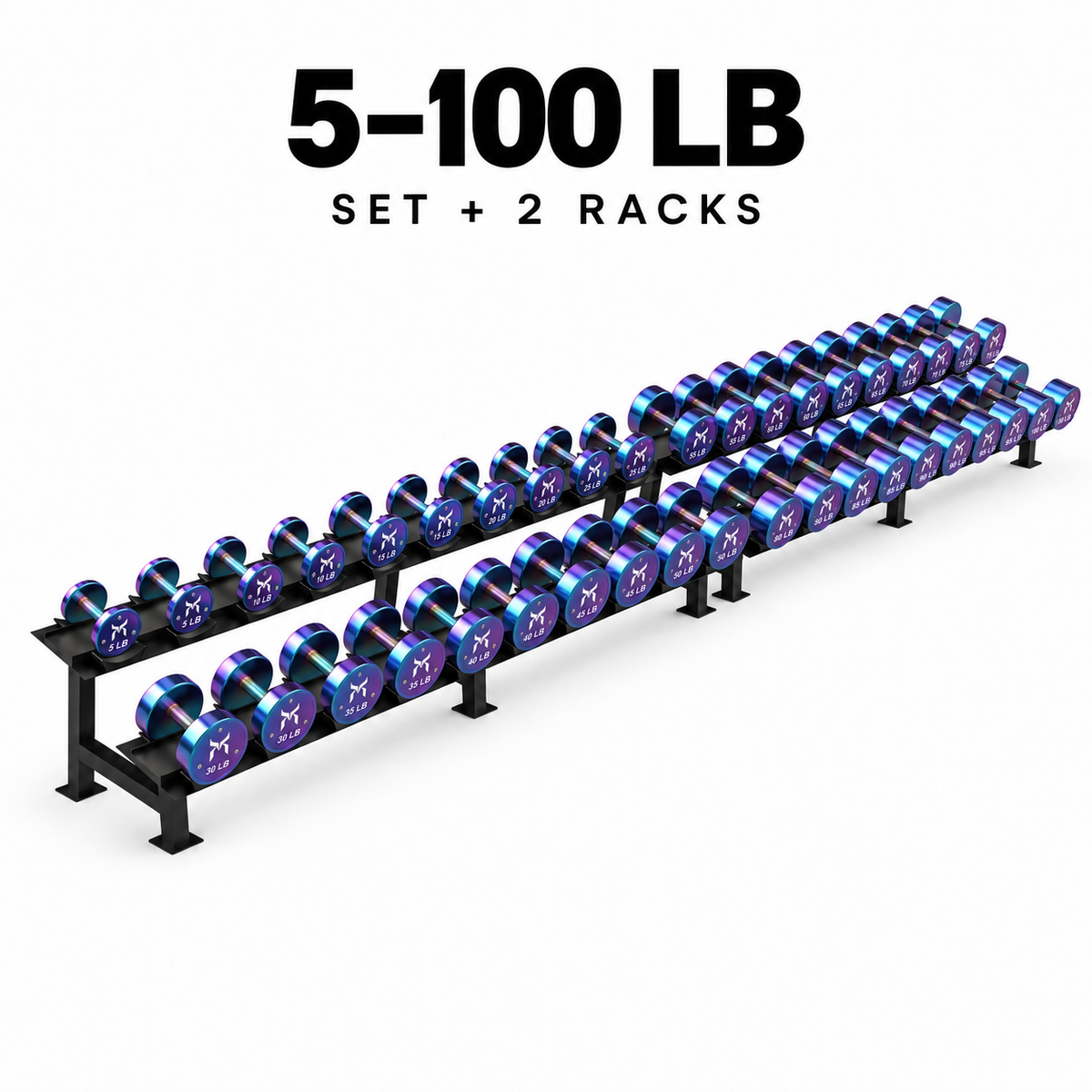 Kensui ChromaForge calibrated dumbbells 5–100 lb set with 2 black two-tier racks, with iridescent blue and purple finish on a white background.
