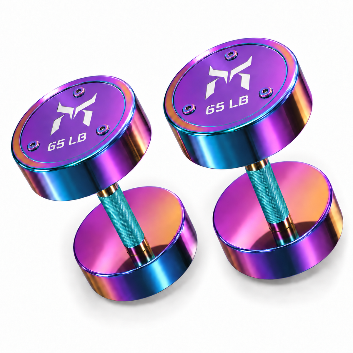 Pair of Kensui 65 LB ChromaForge dumbbells with iridescent purple, teal and gold finish on a white background.