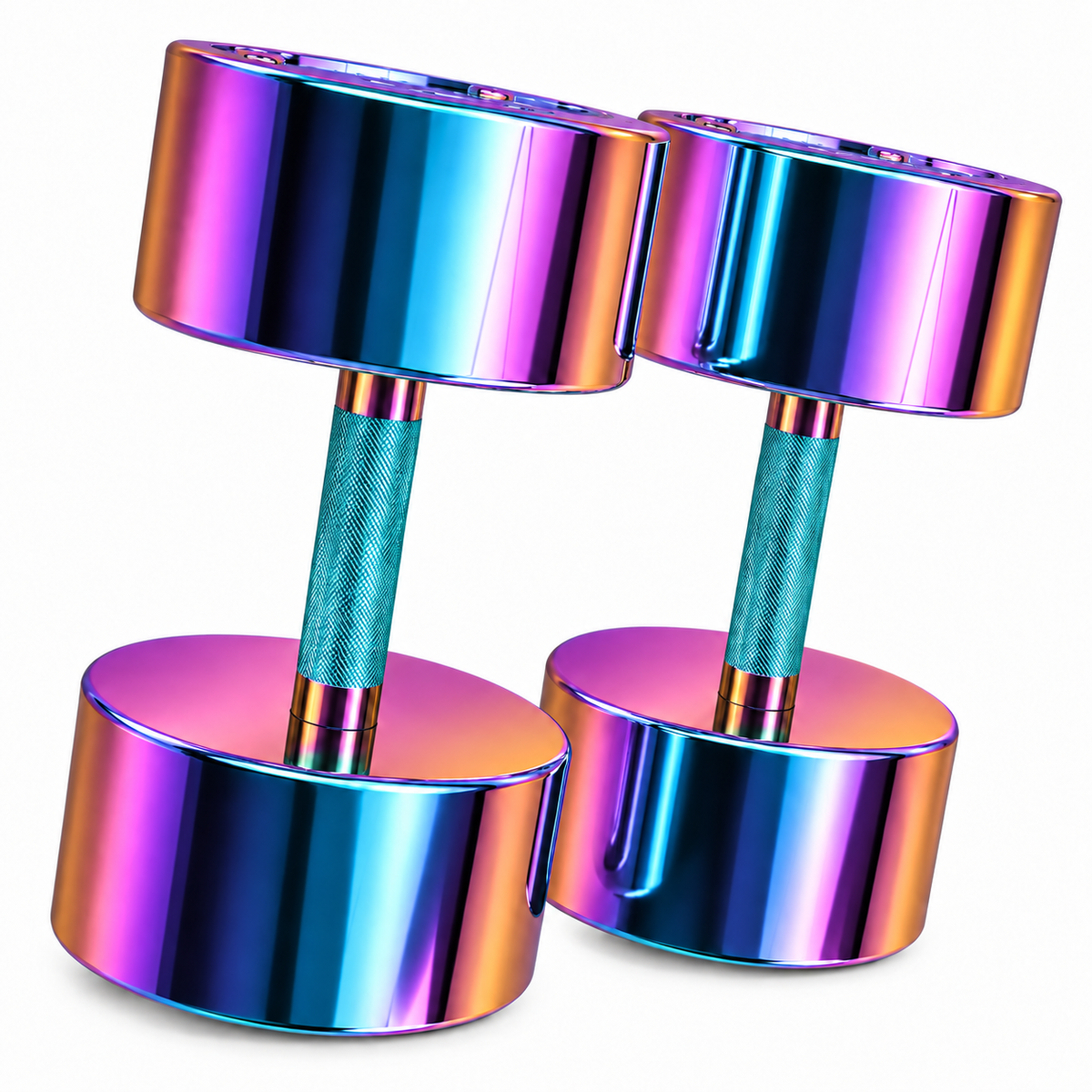 Pair of Kensui ChromaForge dumbbells with iridescent purple, teal and gold heads and turquoise knurled handles on a white background.