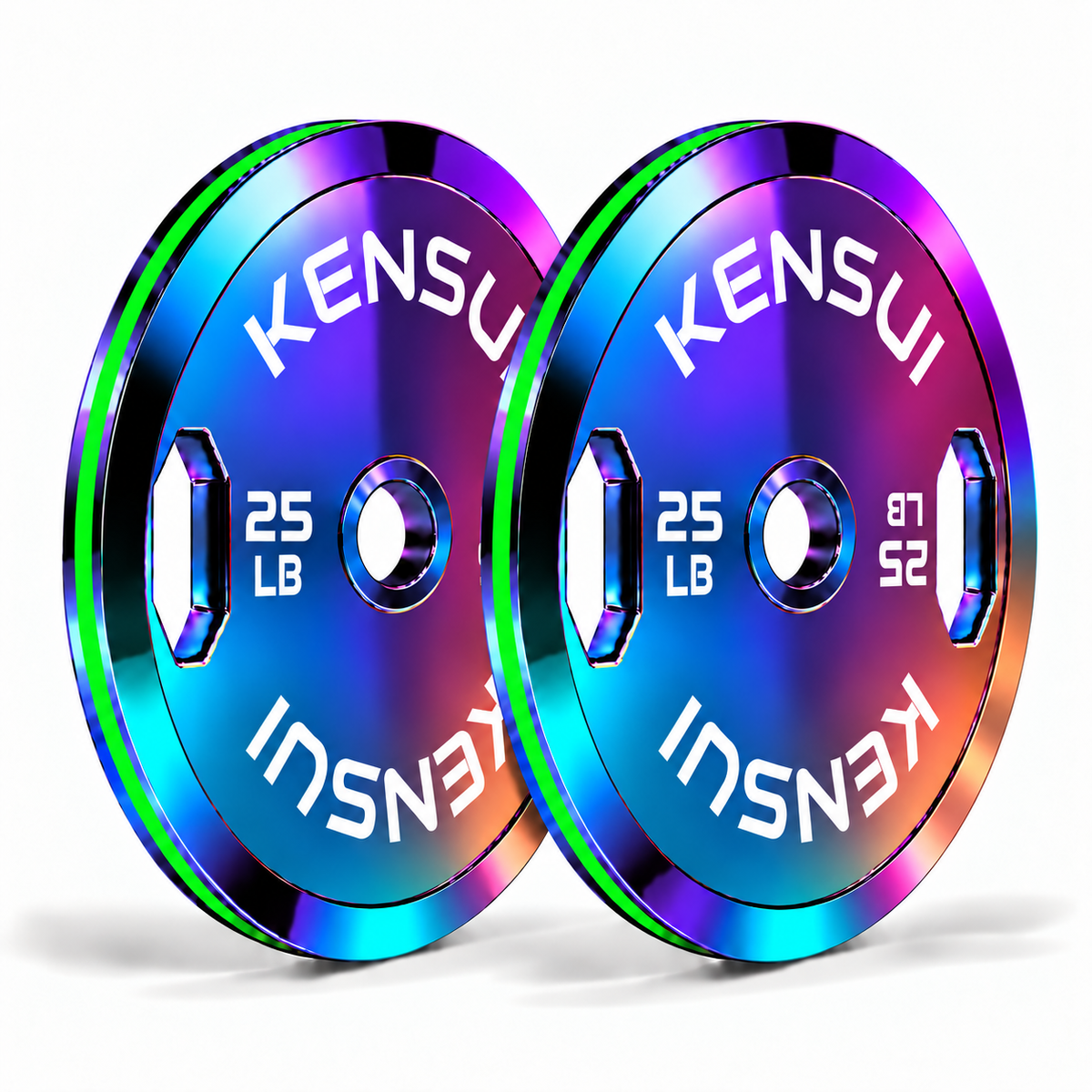 Pair of Kensui ChromaForge 25 lb calibrated grip plates with a mirror-polished blue, violet and rosy copper finish, white markings and green rim inserts on white.