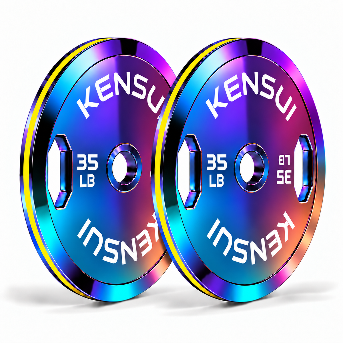 Pair of Kensui ChromaForge 35 lb calibrated grip plates with a mirror-polished blue, violet and rosy copper finish, white markings and yellow rim inserts on white.