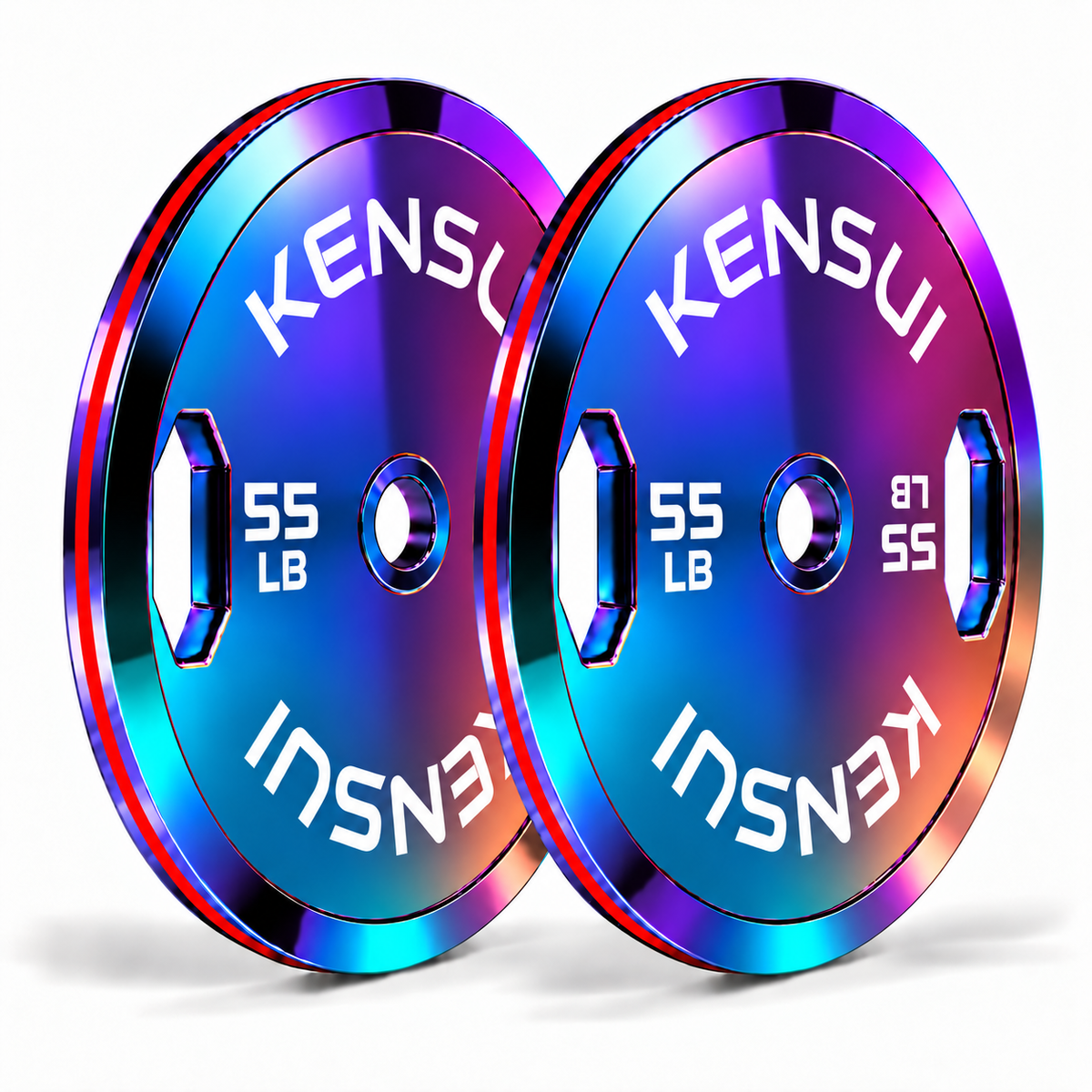 Pair of Kensui ChromaForge 55 lb calibrated grip plates with a mirror-polished blue, violet and rosy copper finish, white markings and red rim inserts on white.
