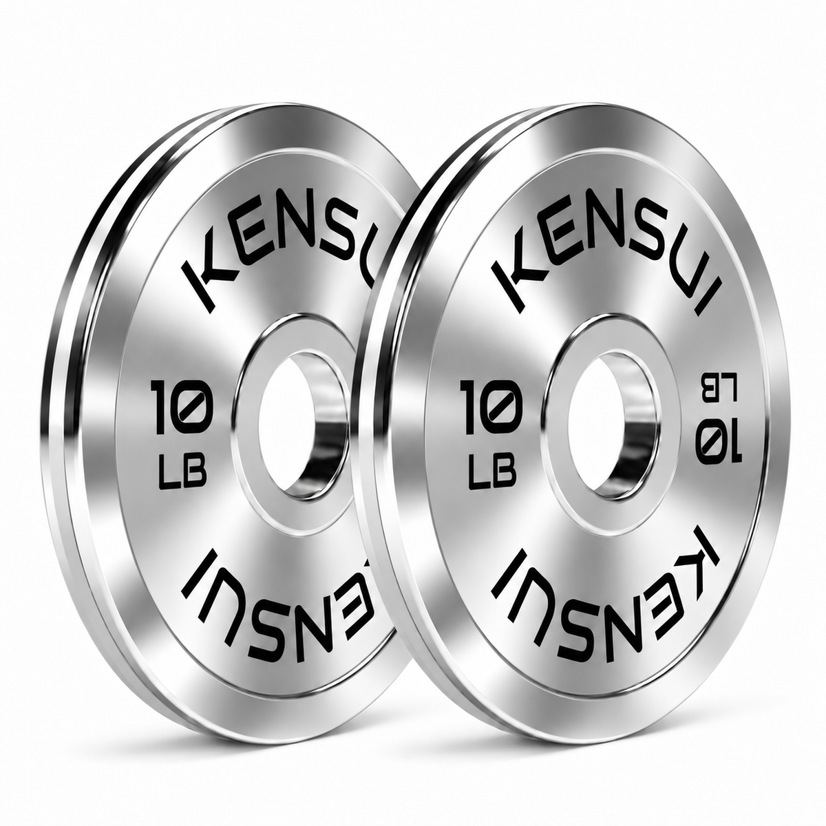 Pair of Kensui 10 lb calibrated chrome weight plates on a white background