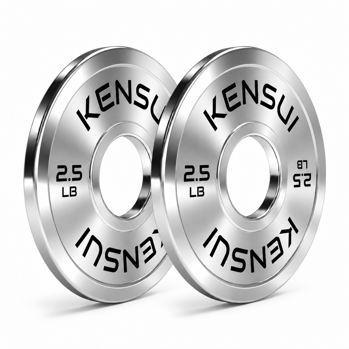 Pair of Kensui 2.5 lb calibrated chrome weight plates on a white background