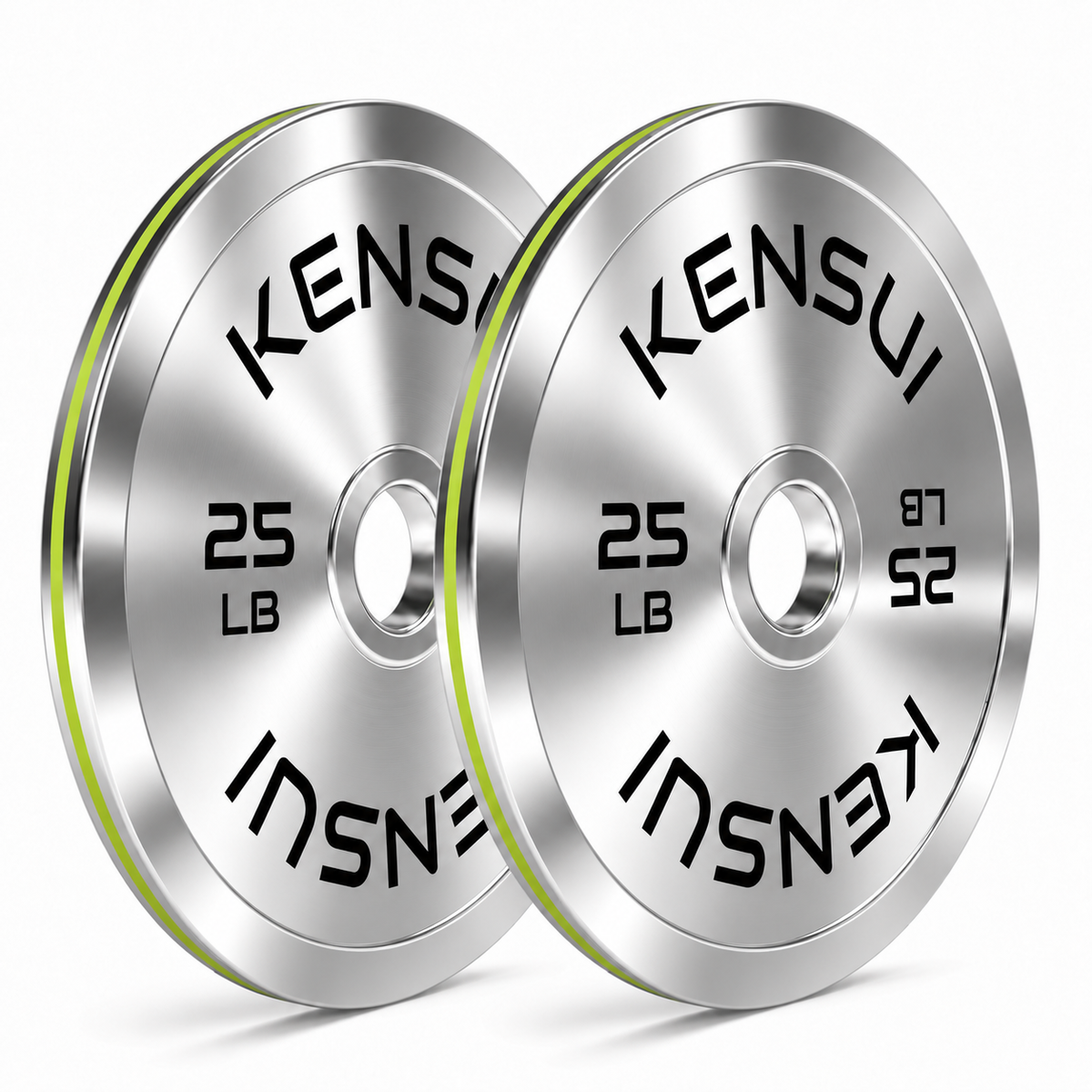 Pair of Kensui 25 lb calibrated chrome weight plates on a white background
