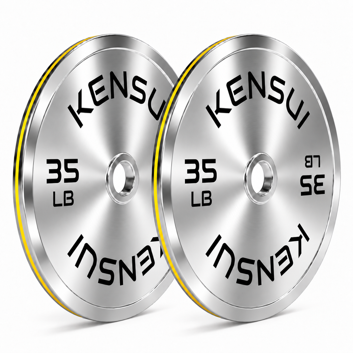 Pair of Kensui 35 lb calibrated chrome weight plates on a white background