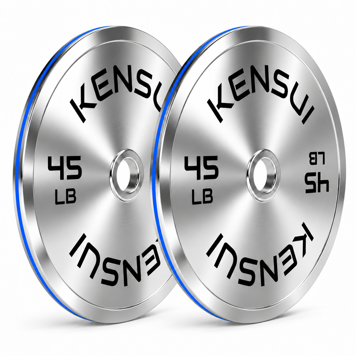 Pair of Kensui 45 lb calibrated chrome weight plates on a white background