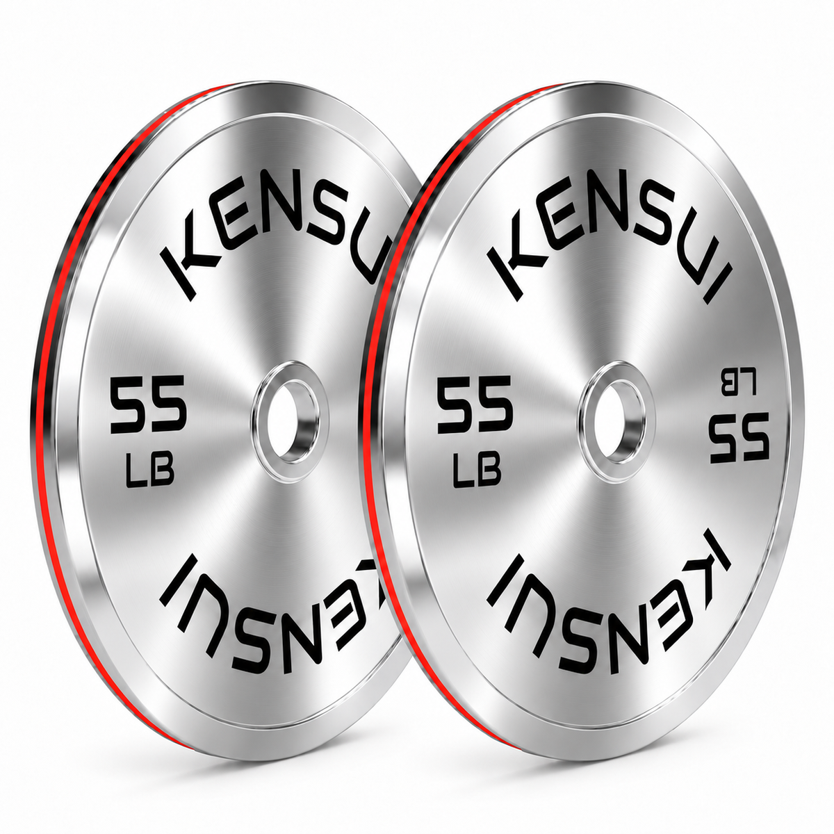 Pair of Kensui 55 lb calibrated chrome weight plates on a white background