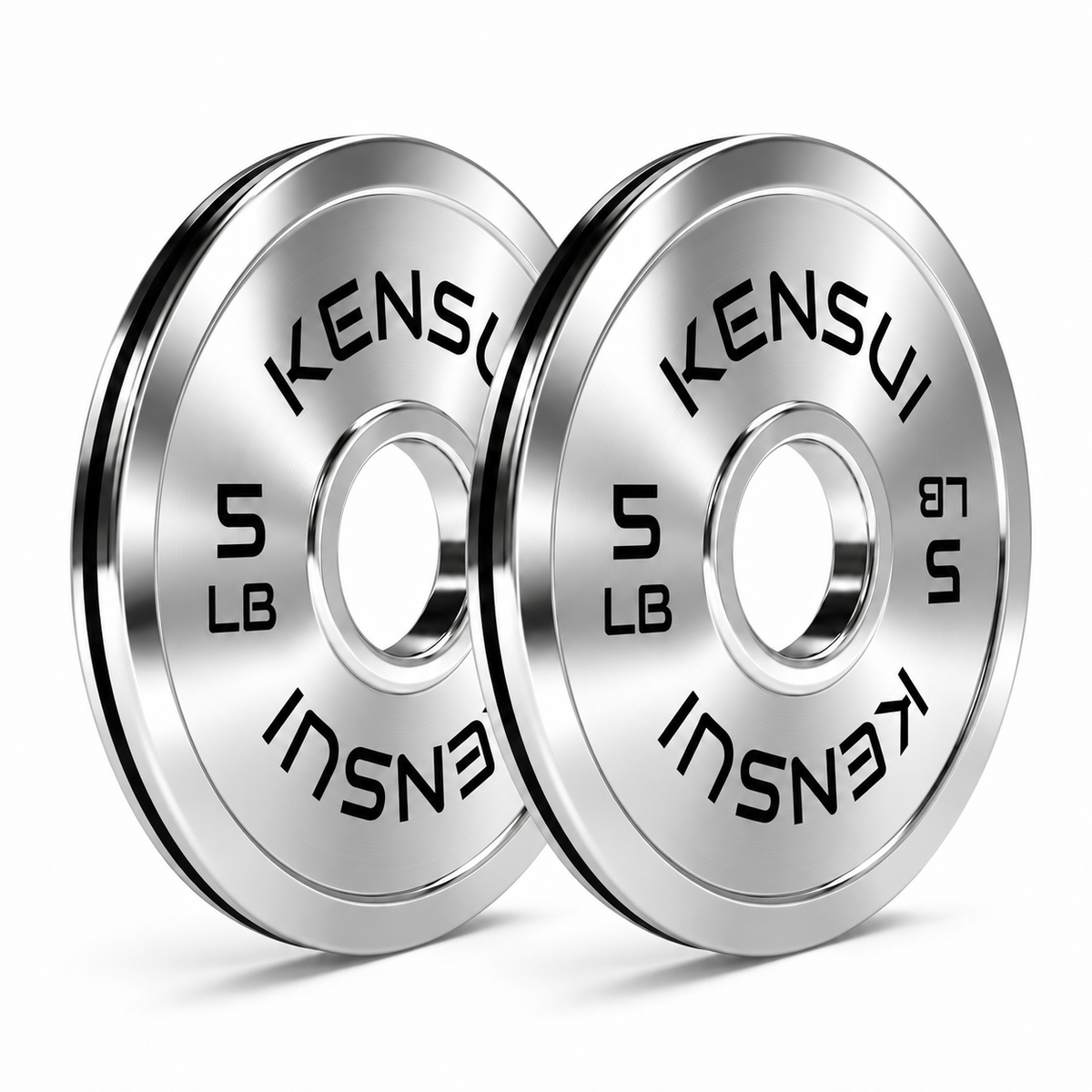 Pair of Kensui 5 lb calibrated chrome weight plates on a white background