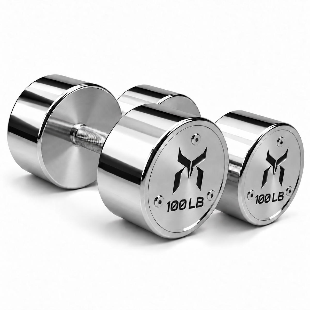 Pair of Kensui chrome 100 LB dumbbells with recessed logos and weight markings on a white background.