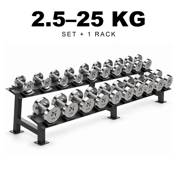 Kensui calibrated chrome dumbbells, 2.5–25 kg set with one rack