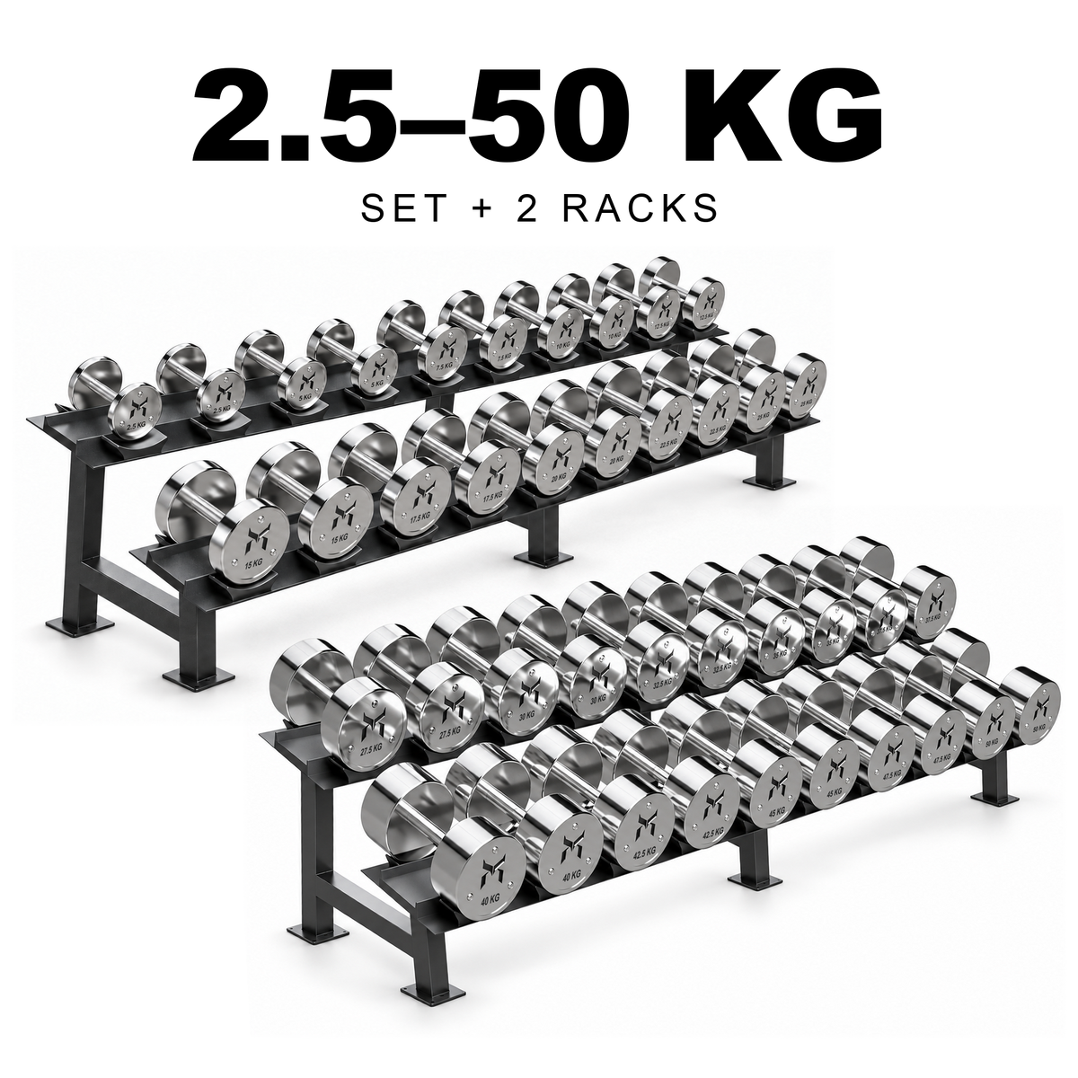 Kensui calibrated chrome dumbbells, 2.5–50 kg set with two racks