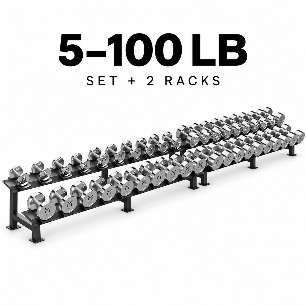 Kensui calibrated chrome dumbbells 5-100 lb set with 2 black two-tier racks, on a white background.