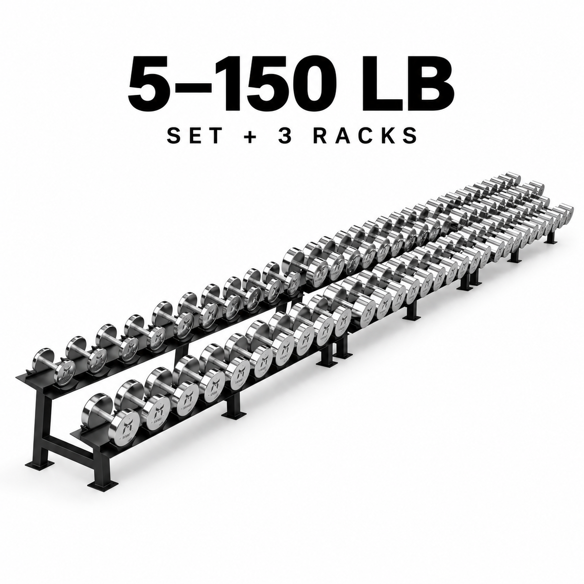 Kensui calibrated chrome dumbbells 5-150 lb set with 3 black two-tier racks, on a white background.