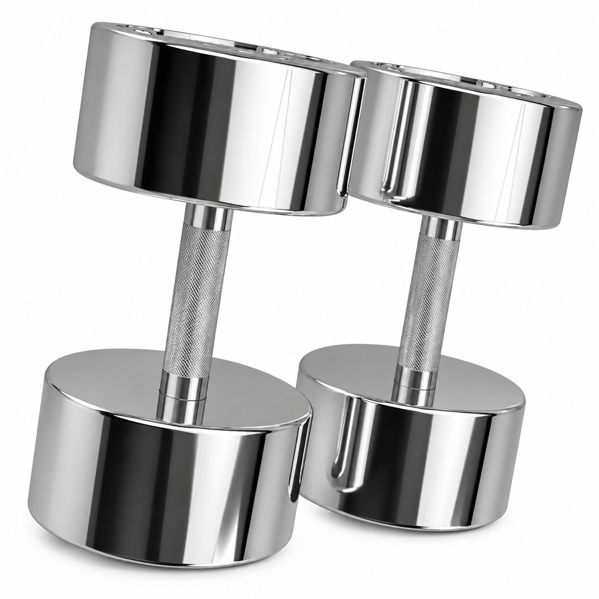 Pair of chrome dumbbells showing diamond-knurled handles and polished cylindrical heads on a white background.