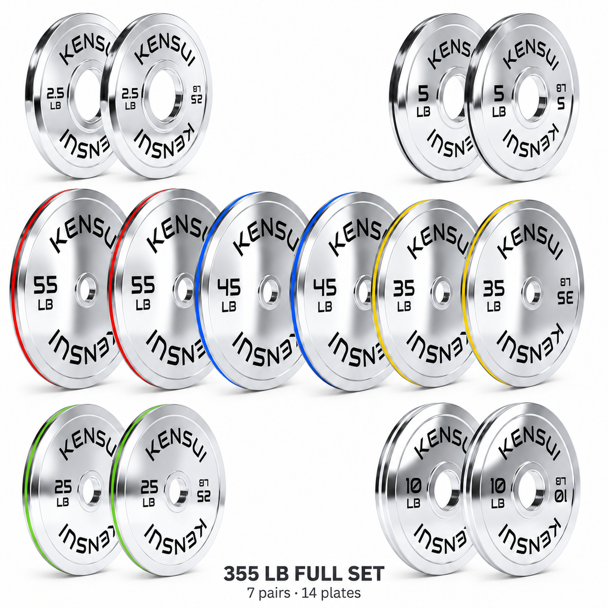 Kensui 355 lb full set of calibrated chrome weight plates, seven pairs