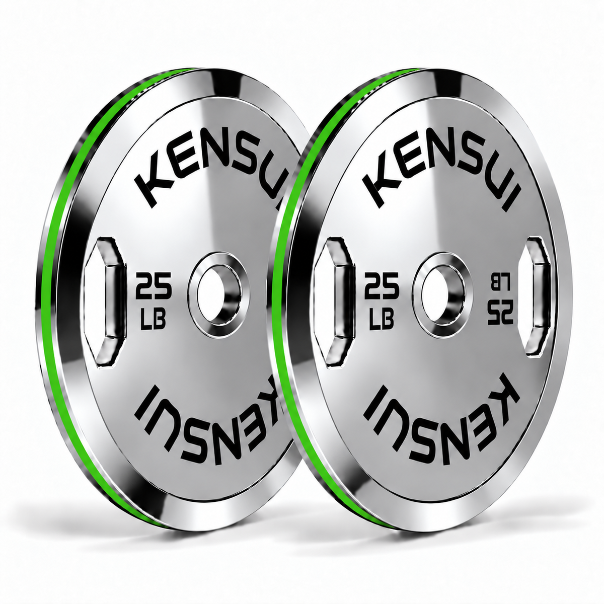Pair of Kensui 25 lb calibrated chrome grip weight plates with a mirror-polished finish, black markings and green rim inserts on white.