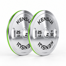Load image into Gallery viewer, Pair of Kensui 25 LB chrome grip calibrated plates with green rim stripes on a white background.
