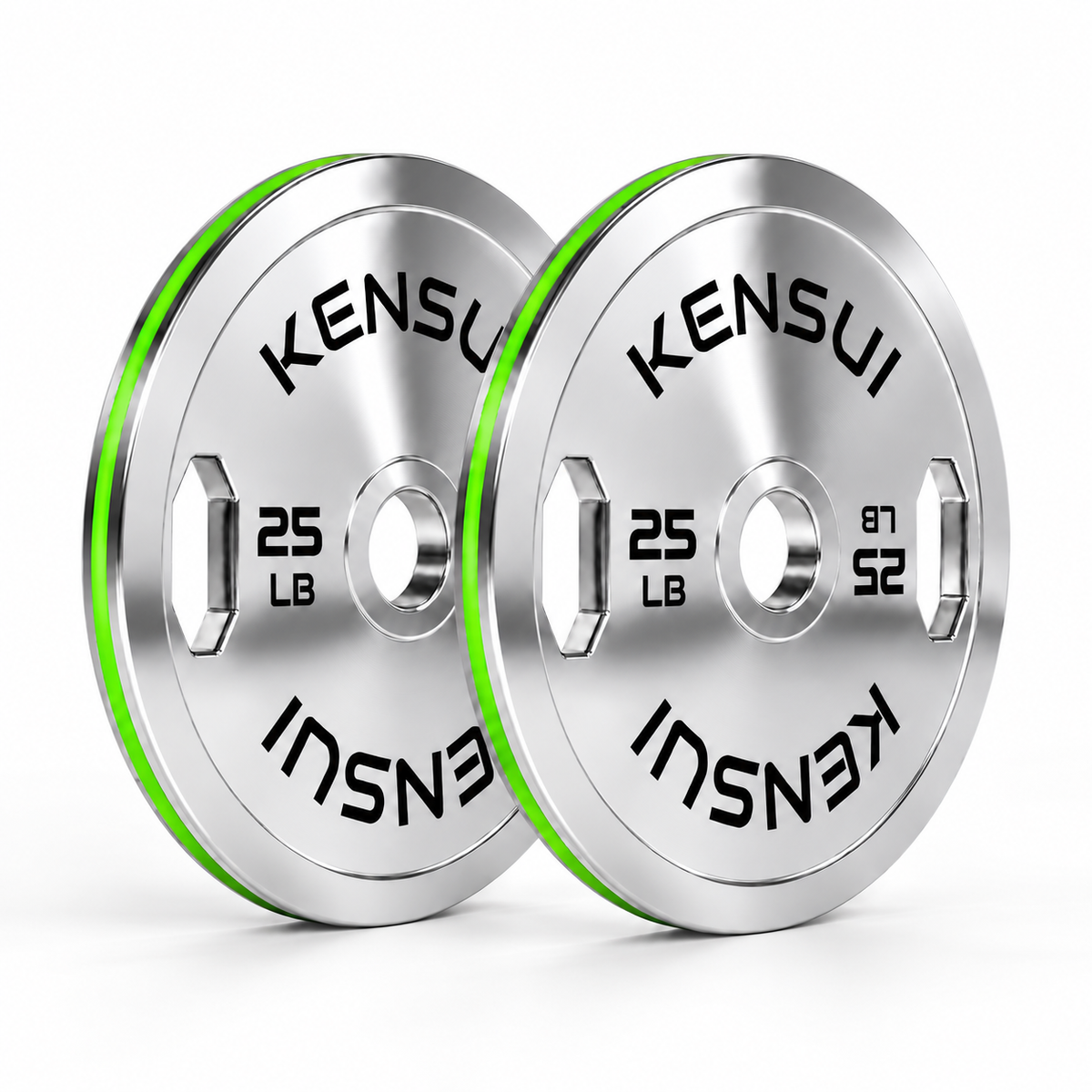 Pair of Kensui 25 LB chrome grip calibrated plates with green rim stripes, shown on white.