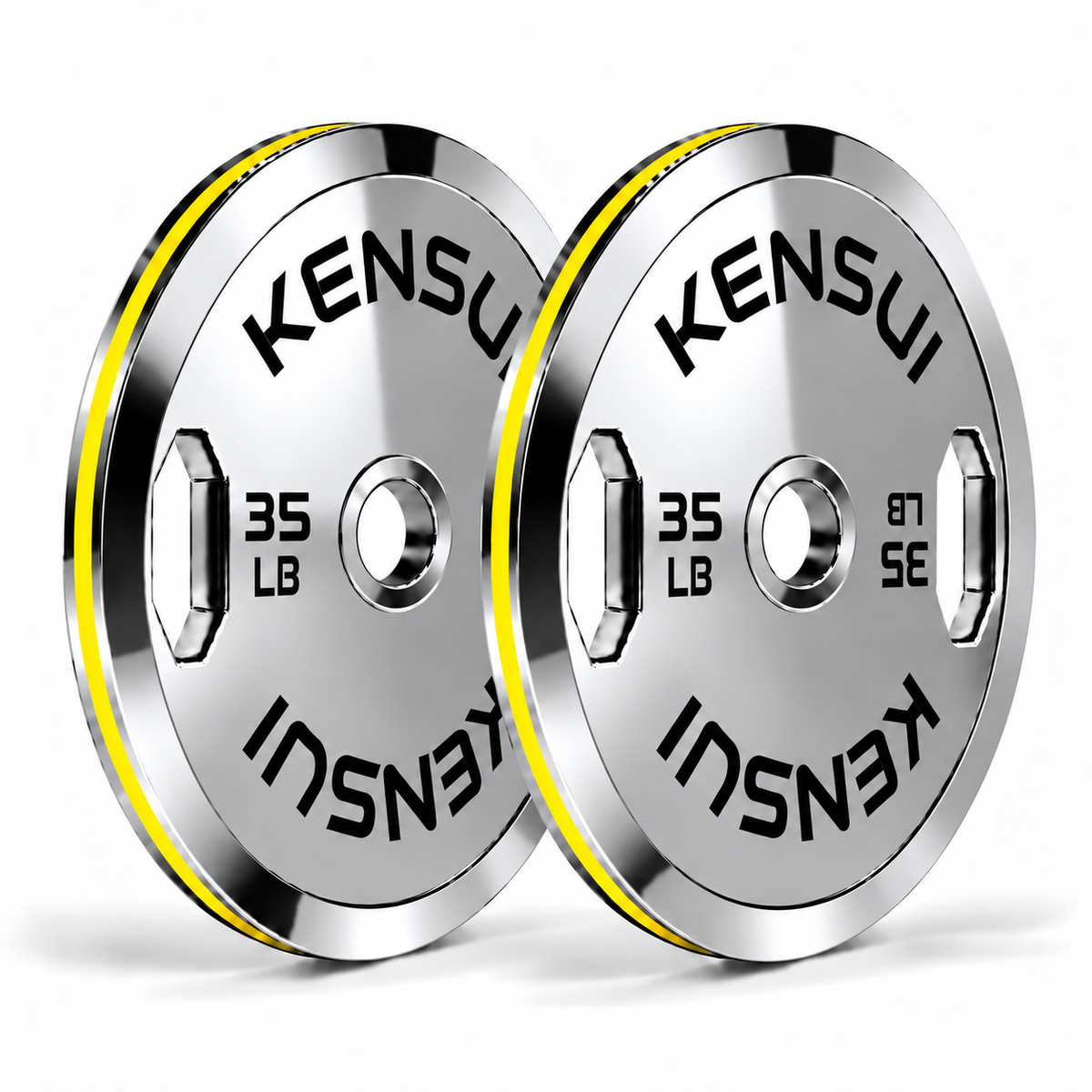 Pair of Kensui 35 lb calibrated chrome grip weight plates with a mirror-polished finish, black markings and yellow rim inserts on white.