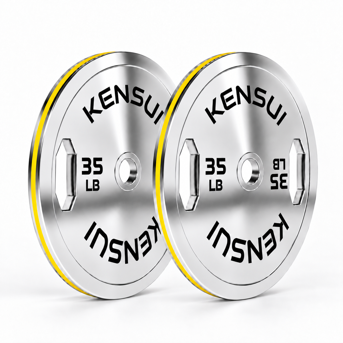 Pair of Kensui 35 LB chrome grip calibrated plates with yellow rim stripes on a white background.