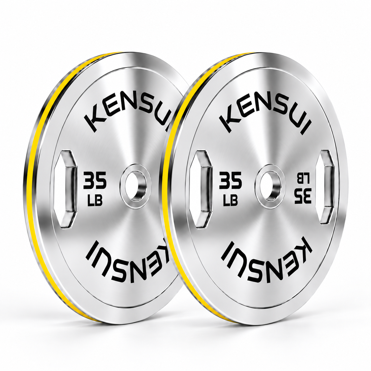 Pair of Kensui 35 LB chrome grip calibrated plates with yellow rim stripes, shown on white.