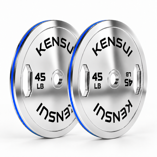 Pair of Kensui 45 LB chrome grip calibrated plates with blue rim stripes on a white background.