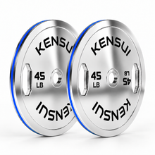 Load image into Gallery viewer, Pair of Kensui 45 LB chrome grip calibrated plates with blue rim stripes on a white background.